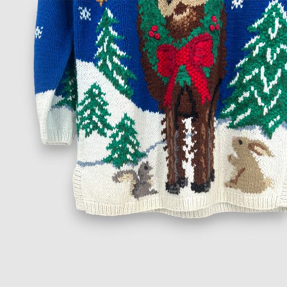 Vintage Hand-Knit Christmas Holiday Sweater Moose & Winter Scene Size Medium - Picture 3 of 6
